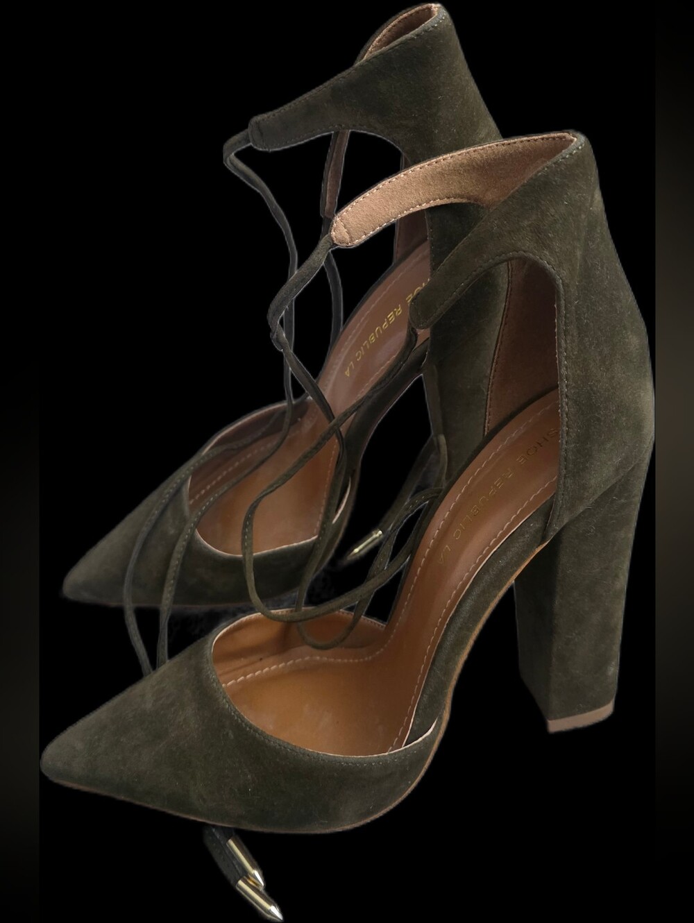 Shoe Republica LA - Olive Green Suede Lace-Up Block Heel Pumps - Size 7